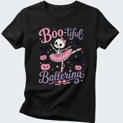 Kawaii illustration of a skeleton ballerina with the text Boo-tiful Ballerina in playful colors — printed on a women's shirt