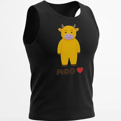 Kawaii yellow cow graphic with 'MOO ❤️' text in playful colors. — printed on a tank top