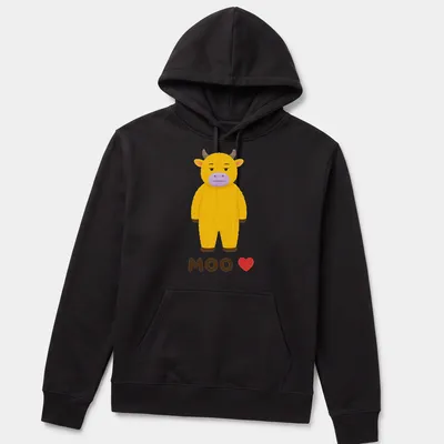 Kawaii yellow cow graphic with 'MOO ❤️' text in playful colors. — printed on a unisex hoodie