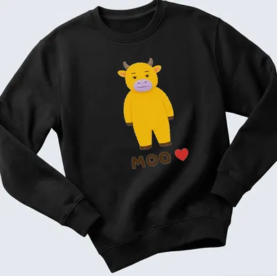Kawaii yellow cow graphic with 'MOO ❤️' text in playful colors. — printed on a unisex sweatshirt