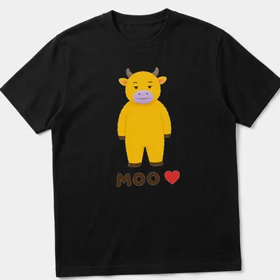 Kawaii yellow cow graphic with 'MOO ❤️' text in playful colors.