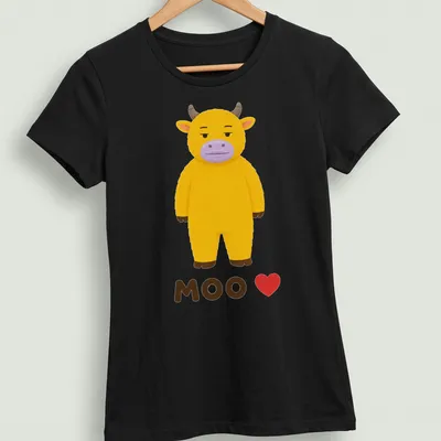 Kawaii yellow cow graphic with 'MOO ❤️' text in playful colors. — printed on a women's shirt