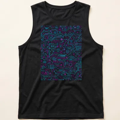 Futuristic neon pattern T-shirt with サイバー text in bright colors — printed on a tank top