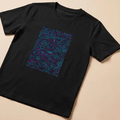 Futuristic neon pattern T-shirt with サイバー text in bright colors