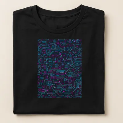Futuristic neon pattern T-shirt with サイバー text in bright colors — printed on a women's shirt