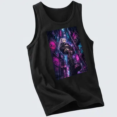 Anime-style Cyberpunk girl illustration with 'Game Over' text in vibrant colors — printed on a tank top