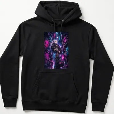 Anime-style Cyberpunk girl illustration with 'Game Over' text in vibrant colors — printed on a unisex hoodie