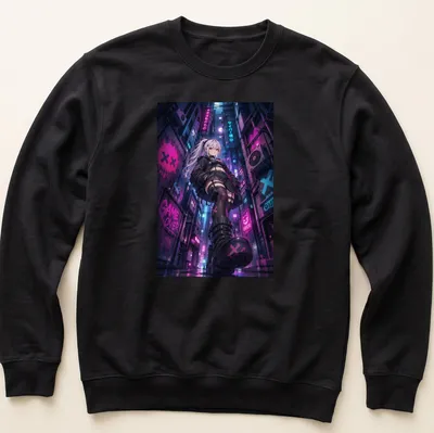 Anime-style Cyberpunk girl illustration with 'Game Over' text in vibrant colors — printed on a unisex sweatshirt