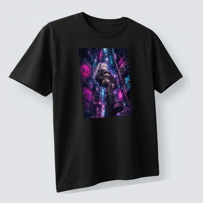 Anime-style Cyberpunk girl illustration with 'Game Over' text in vibrant colors — printed on a unisex t-shirt (angled view)