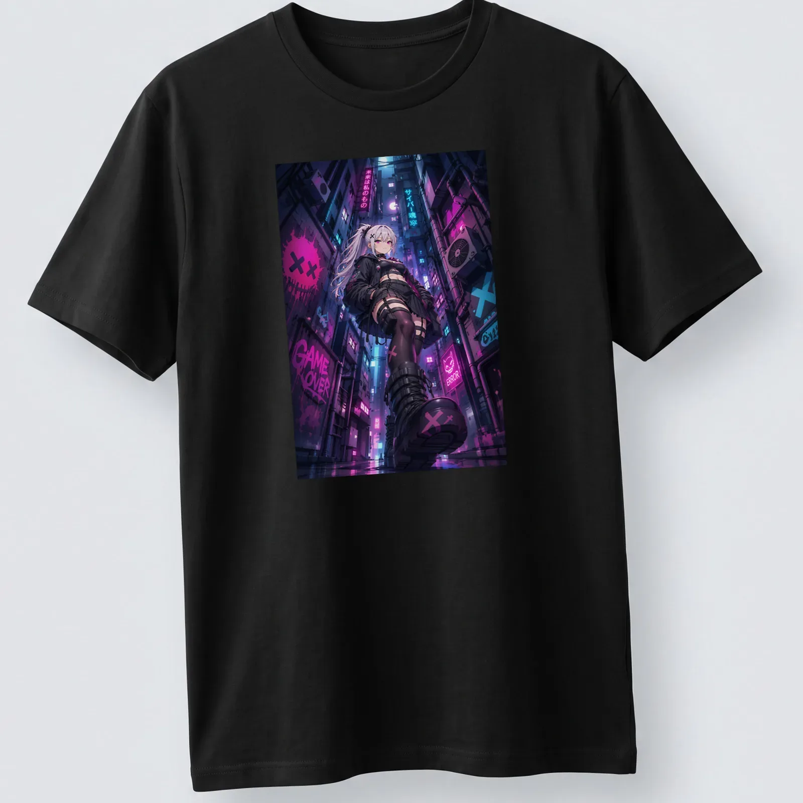 Anime-style Cyberpunk girl illustration with 'Game Over' text in vibrant colors — printed on a unisex t-shirt