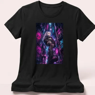 Anime-style Cyberpunk girl illustration with 'Game Over' text in vibrant colors — printed on a women's shirt