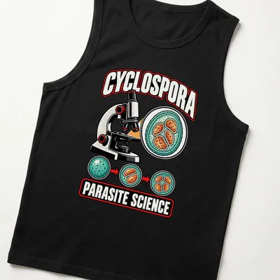 Colorful cartoon graphic of a microscope and Cyclospora with science text. — printed on a tank top
