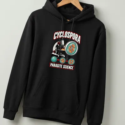 Colorful cartoon graphic of a microscope and Cyclospora with science text. — printed on a unisex hoodie