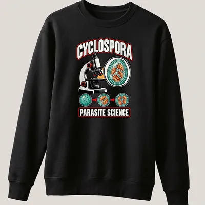 Colorful cartoon graphic of a microscope and Cyclospora with science text. — printed on a unisex sweatshirt