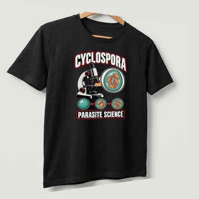 Colorful cartoon graphic of a microscope and Cyclospora with science text. — printed on a unisex t-shirt (angled view)