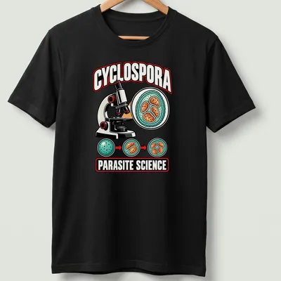 Colorful cartoon graphic of a microscope and Cyclospora with science text.