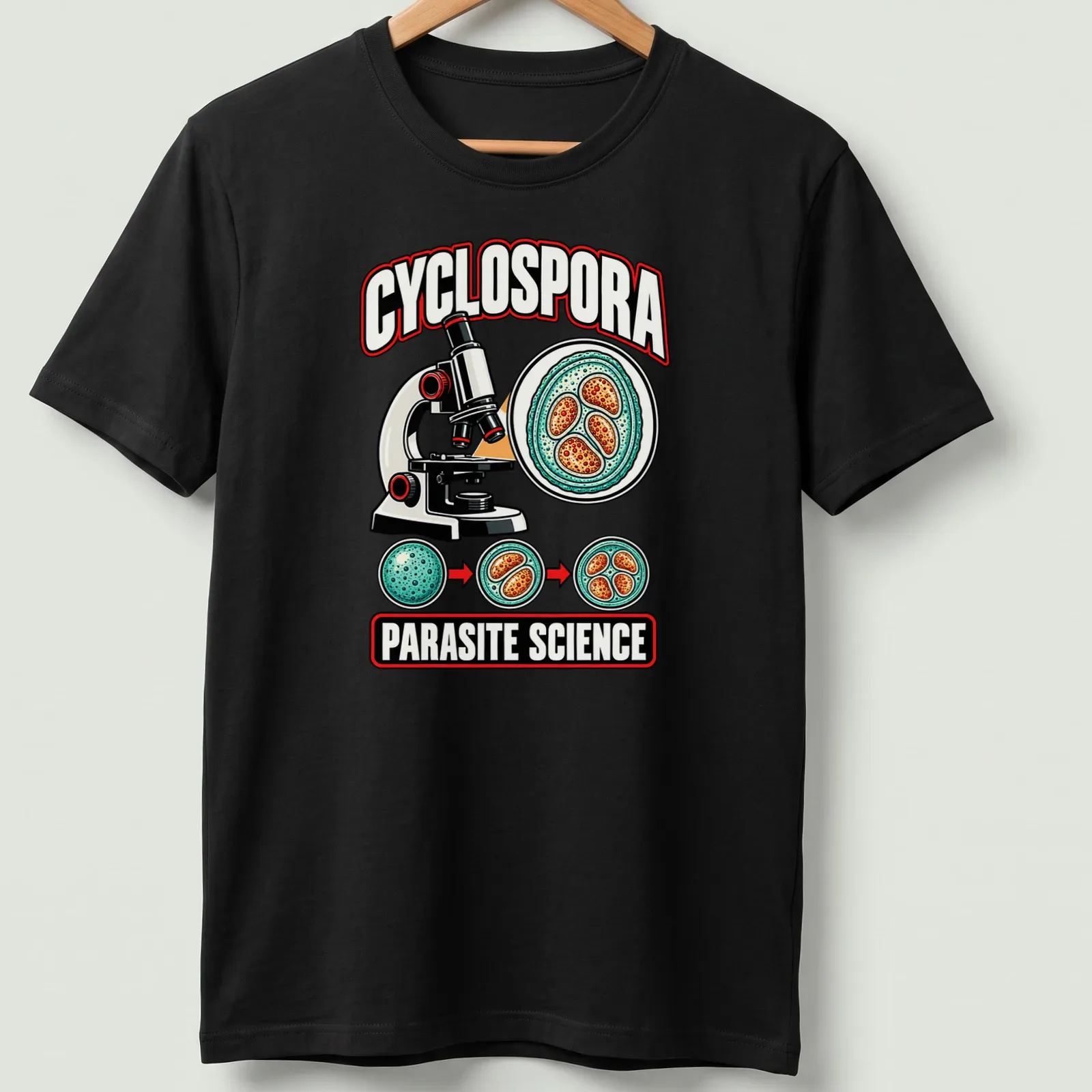 Colorful cartoon graphic of a microscope and Cyclospora with science text. — printed on a unisex t-shirt