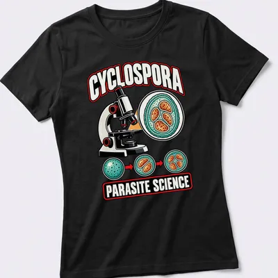 Colorful cartoon graphic of a microscope and Cyclospora with science text. — printed on a women's shirt