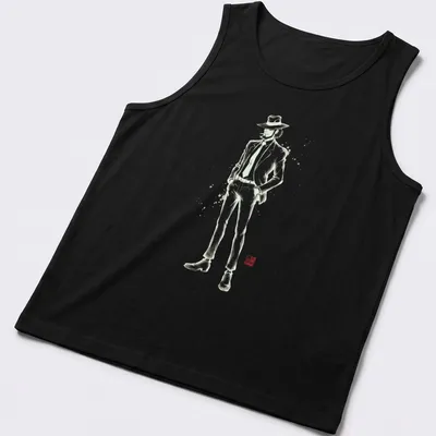 Daisuke Jigen depicted in Sumi E style on a black and white — printed on a tank top