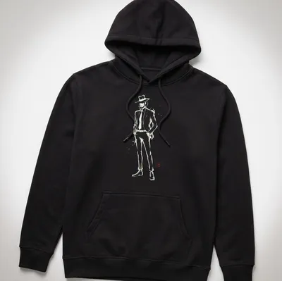 Daisuke Jigen depicted in Sumi E style on a black and white — printed on a unisex hoodie