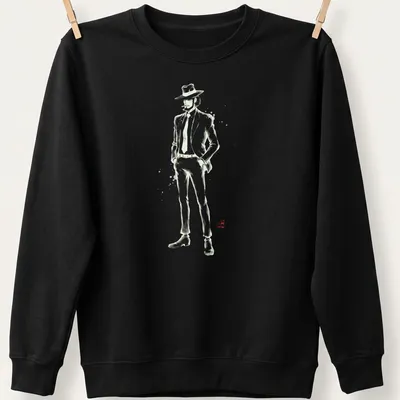 Daisuke Jigen depicted in Sumi E style on a black and white — printed on a unisex sweatshirt