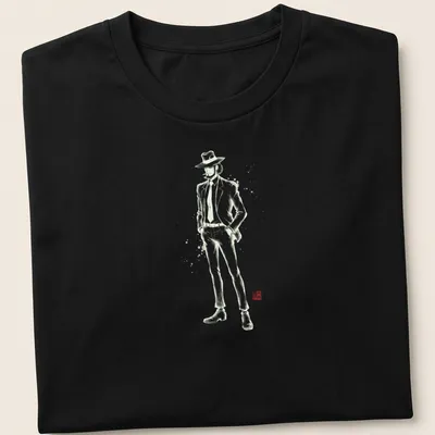 Daisuke Jigen depicted in Sumi E style on a black and white T-shirt