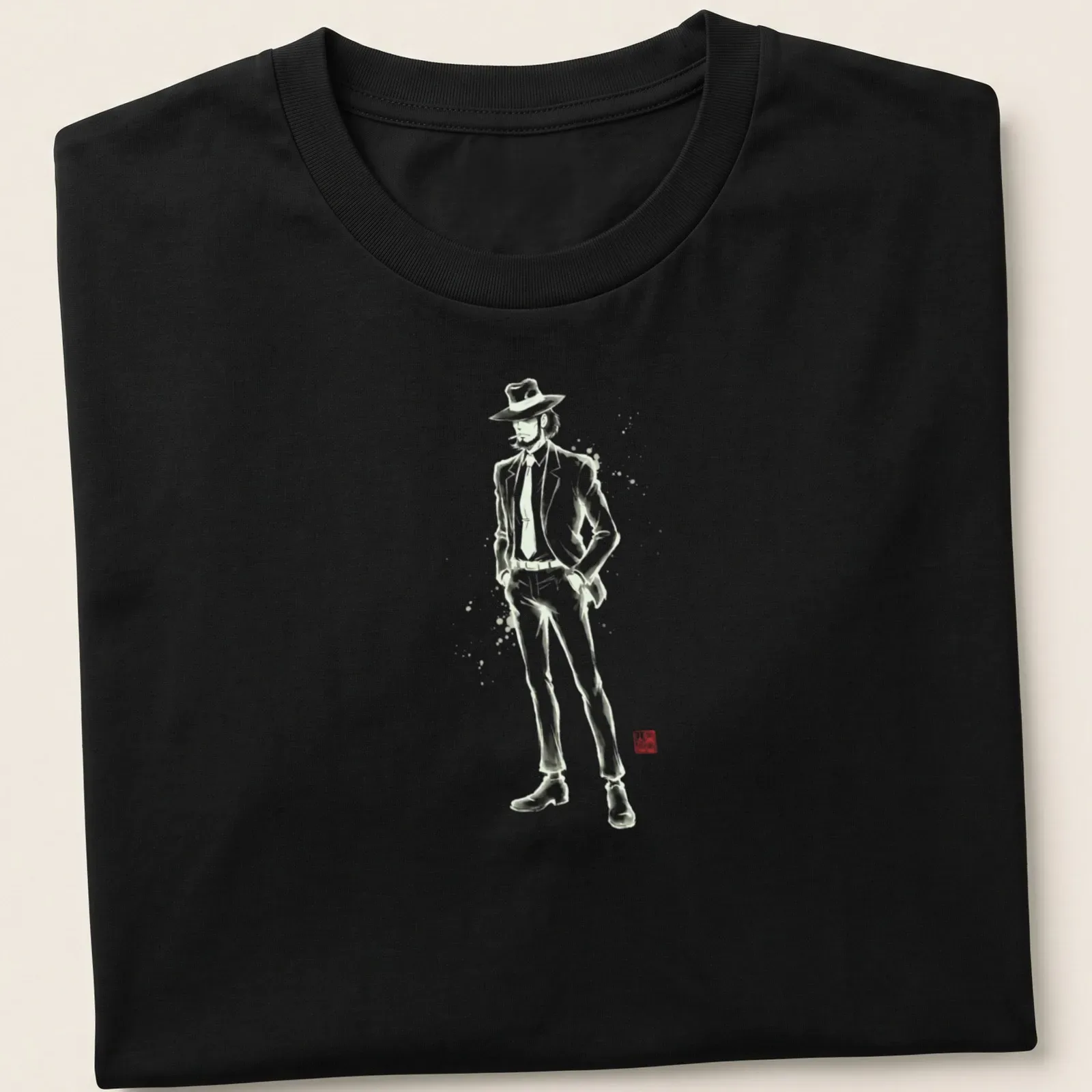 Daisuke Jigen depicted in Sumi E style on a black and white — printed on a unisex t-shirt