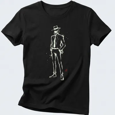 Daisuke Jigen depicted in Sumi E style on a black and white — printed on a women's shirt