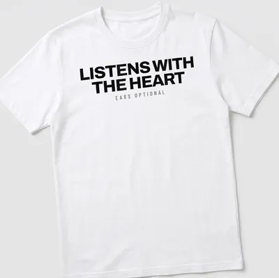 Bold Dalmatian t-shirt with whimsical text about listening with the heart