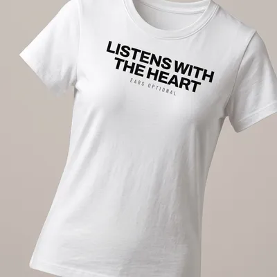 Bold Dalmatian t-shirt with whimsical text about listening with the heart — printed on a women's shirt