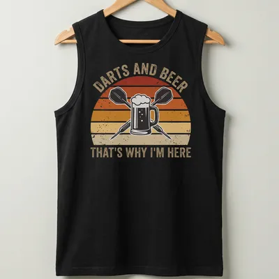 Retro distressed t-shirt featuring a beer mug and darts with text — printed on a tank top