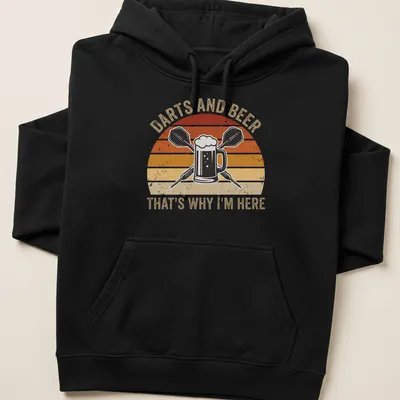Retro distressed t-shirt featuring a beer mug and darts with text — printed on a unisex hoodie