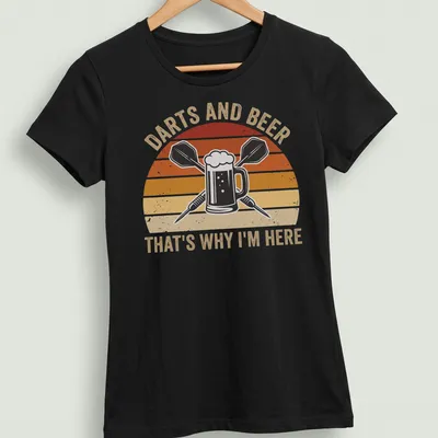 Retro distressed t-shirt featuring a beer mug and darts with text — printed on a women's shirt