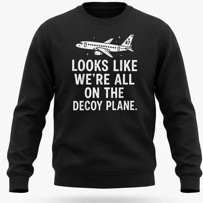 Simple illustration of an airplane with humorous text about a decoy plane. — printed on a unisex sweatshirt