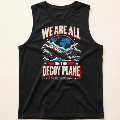 Vintage-style shirt with humorous text about a decoy plane in blue, red, white, and gold. — printed on a tank top