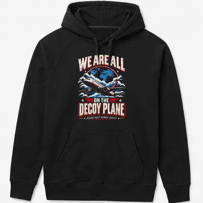 Vintage-style shirt with humorous text about a decoy plane in blue, red, white, and gold. — printed on a unisex hoodie