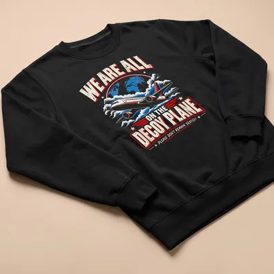 Vintage-style shirt with humorous text about a decoy plane in blue, red, white, and gold. — printed on a unisex sweatshirt