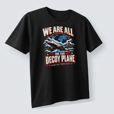 Vintage-style shirt with humorous text about a decoy plane in blue, red, white, and gold. — printed on a unisex t-shirt (angled view)