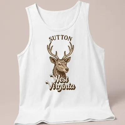 Vintage illustration of a deer with Sutton West Virginia text in earthy tones — printed on a tank top