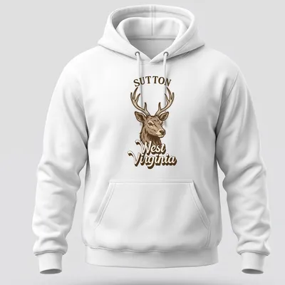 Vintage illustration of a deer with Sutton West Virginia text in earthy tones — printed on a unisex hoodie