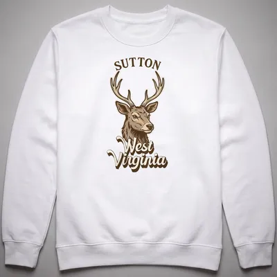 Vintage illustration of a deer with Sutton West Virginia text in earthy tones — printed on a unisex sweatshirt