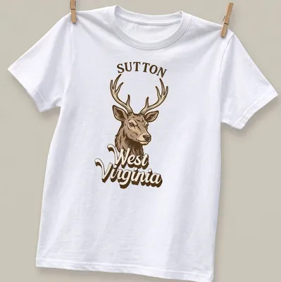 Vintage illustration of a deer with Sutton West Virginia text in earthy tones