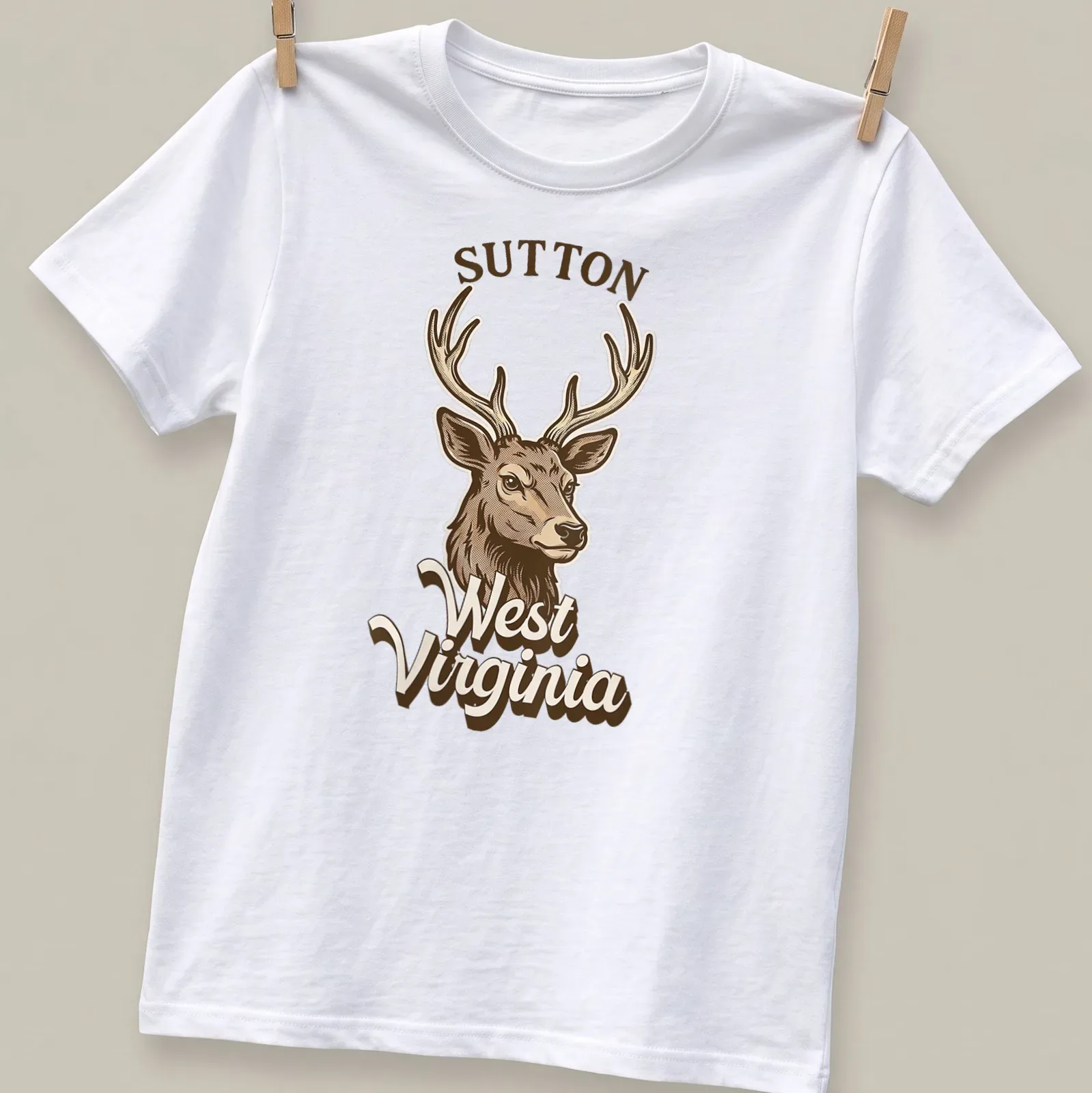 Vintage illustration of a deer with Sutton West Virginia text in earthy tones — printed on a unisex t-shirt