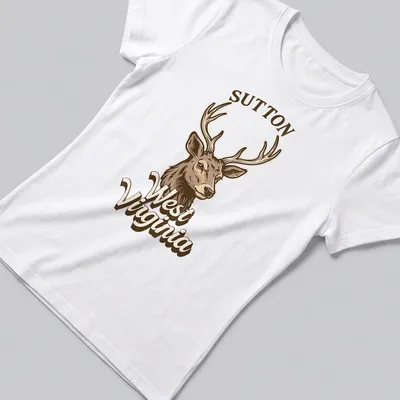 Vintage illustration of a deer with Sutton West Virginia text in earthy tones — printed on a women's shirt