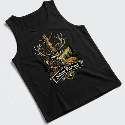 Vintage Deer Silent Pursuit T-shirt featuring a deer illustration in earthy colors — printed on a tank top