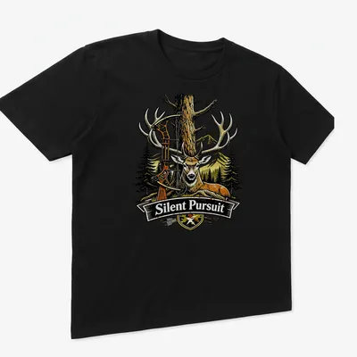Vintage Deer Silent Pursuit T-shirt featuring a deer illustration in earthy colors — printed on a unisex t-shirt (angled view)
