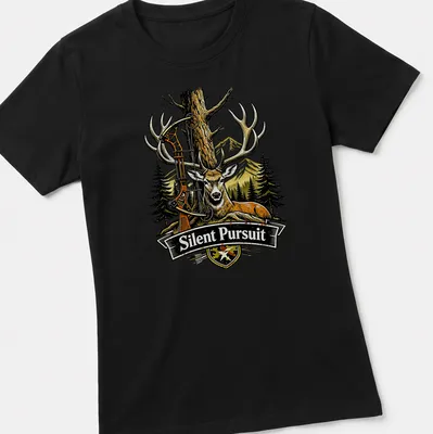 Vintage Deer Silent Pursuit T-shirt featuring a deer illustration in earthy colors — printed on a women's shirt