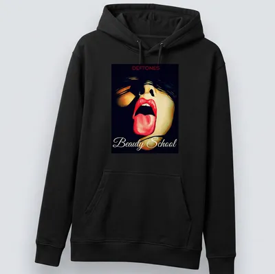 Vibrant art of a woman with red lips and tongue out, above Deftones Beauty School text — printed on a unisex hoodie