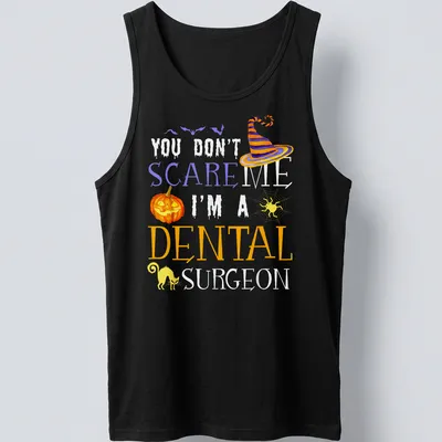 Whimsical Halloween shirt featuring a dental surgeon with playful text. — printed on a tank top