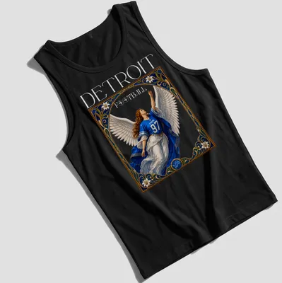 Ornate vintage print of an angel in a blue jersey with the number 97 above the word Detroit — printed on a tank top